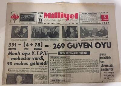Milliyet Gazetesi 3 Aralık 1961- Güven Oyu GZ6094 - 2