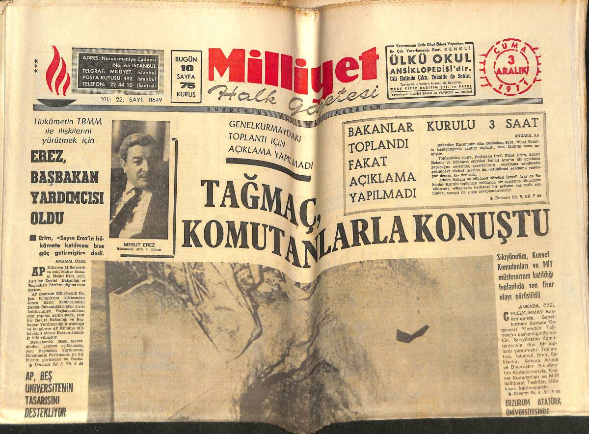 Milliyet Gazetesi 3 Aralık 1971 - Galatasaray Futbolcuların Eşlerini Yardıma Çağırdı - Mesut Erez Başbakan Yardımcısı Oldu GZ146433 - 1