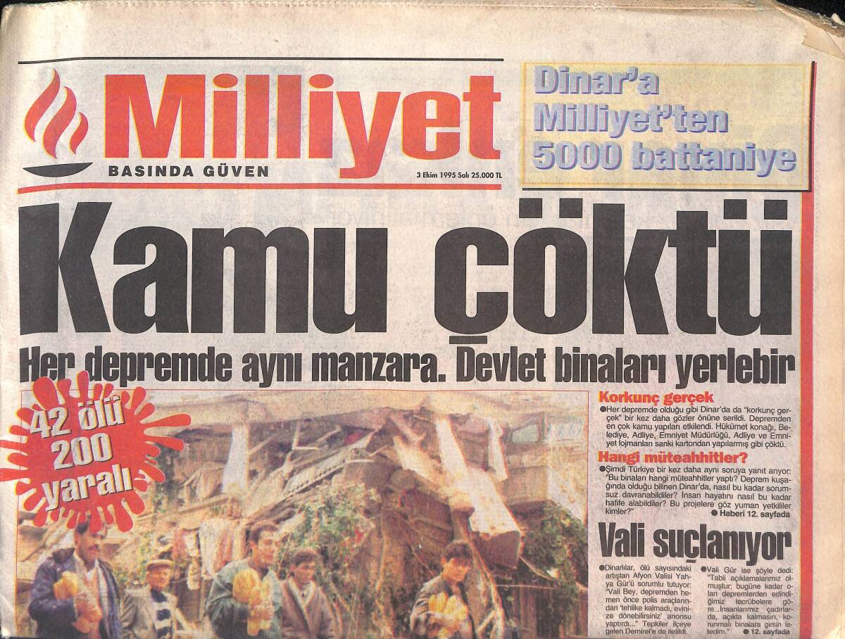 Milliyet Gazetesi 3 Ekim 1995 - Her Depremde Aynı Manzara . Devlet Binaları Yerlebir - Beşiktaş'ta Garip Olaylar GZ132634 - 1