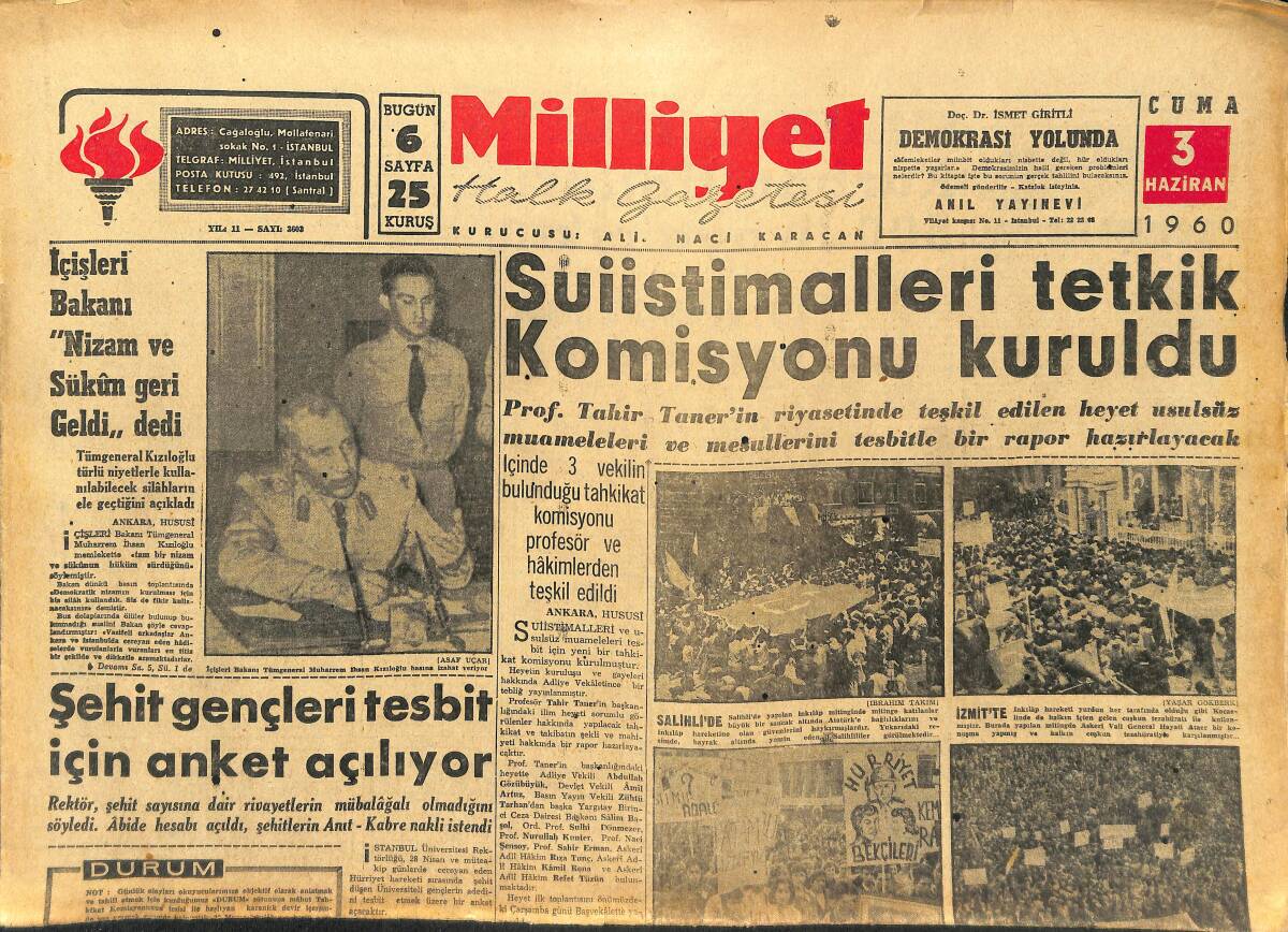 Milliyet Gazetesi 3 Haziran 1960 - Menderes'in Çiftliğinde Araştırma Yapıldı - Kore Hükümeti Türk İnkılap Hareketini Övdü GZ147813 - 1
