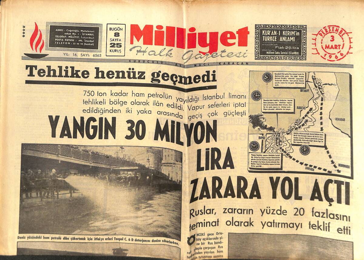 Milliyet Gazetesi 3 Mart 1966 - Yangın 30 Milyon Lira Zarara Yol Açtı - İzmir'deki Kula Dokuma İşçileri Grevi Sona Erdi! GZ140301 - 1