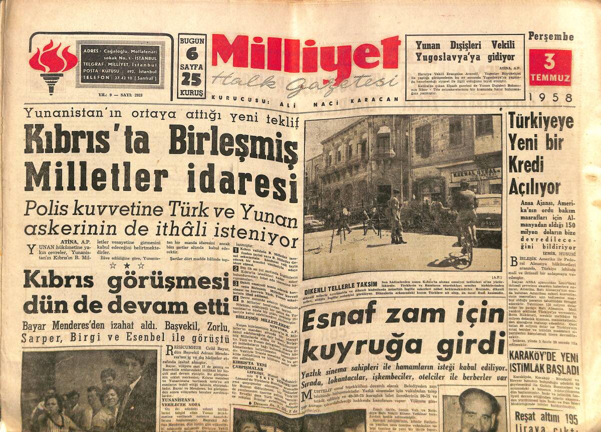 Milliyet Gazetesi 3 Temmuz 1958 - Türkiye'de Yeni Bir Kredi Açılıyor - Beşiktaş'ın Rakibi Yunan Olimpiakos - Kıbrıs'ta Birleşmiş Milletler İdaresi GZ140071 - 1