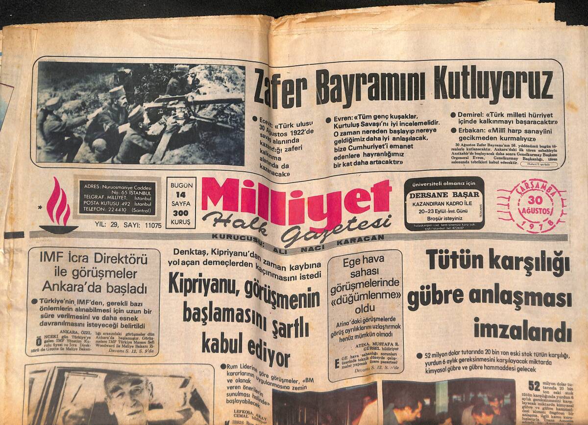 Milliyet Gazetesi 30 Ağustos 1978 - Korutürk, Tatilini İstanbul'da Geçirecek - Malatya'da CHP Gençlik Kolları Başkan Yardımcısı Vuruldu GZ133533 - 1