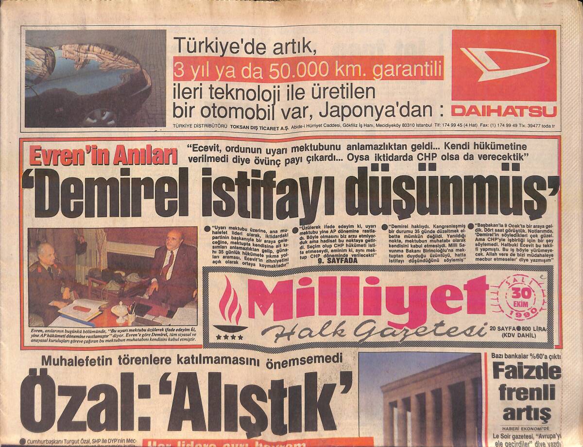 Milliyet Gazetesi 30 Ekim 1990 - Fenerbahçe, Mum Gibi Eriyor - Yargıtay Üyesi Hakimi 