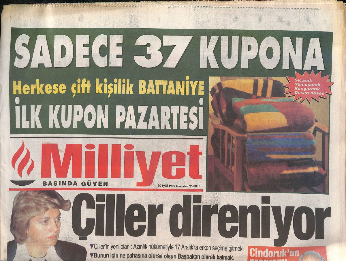Milliyet Gazetesi 30 Eylül 1995 - Çiller Direniyor - Trabzonspor Boğaya Çarptı GZ132626 - 1