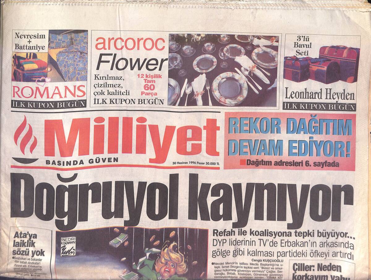 Milliyet Gazetesi 30 Haziran 1996 - Refahyol'un Zor Virajları - Hakan Şükür'e Yoğun Bakım - Kemal Sunal İddialı GZ132848 - 1
