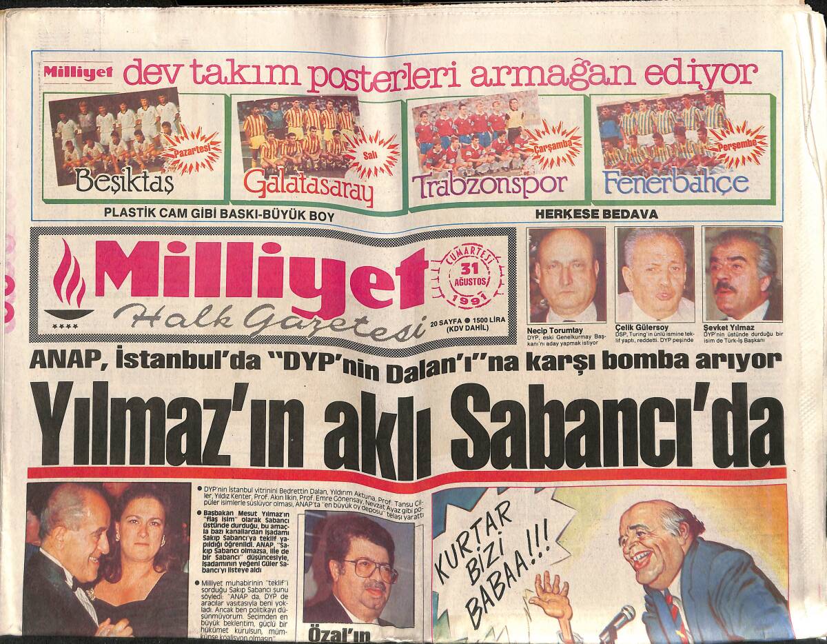 Milliyet Gazetesi 31 Ağustos 1991 - Yılmaz'ın Aklı Sabancı'da - Ligin Kralı Fenerbahçe GZ149306 - 1