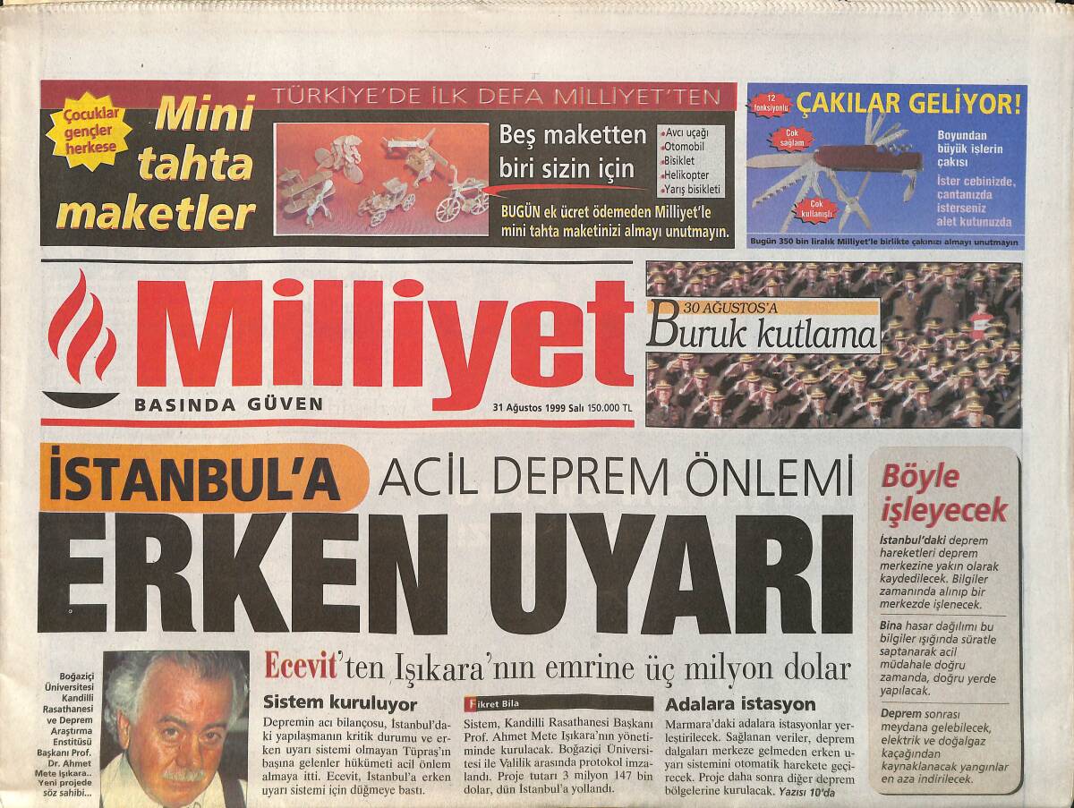 Milliyet Gazetesi 31 Ağustos 1999 - Zeki Alasya Metin Akpınar Yine Birlikte - Sinan Şamil Sam Adapazarı'nda Yara Sardı GZ3387 - 1