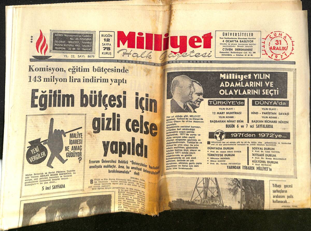 Milliyet Gazetesi 31 Aralık 1971 - Eğitim Bütçesi İçin Gizli Celse Yapıldı - 1971'de Orta Doğu Ülkeleri Gelişti! GZ140315 - 1