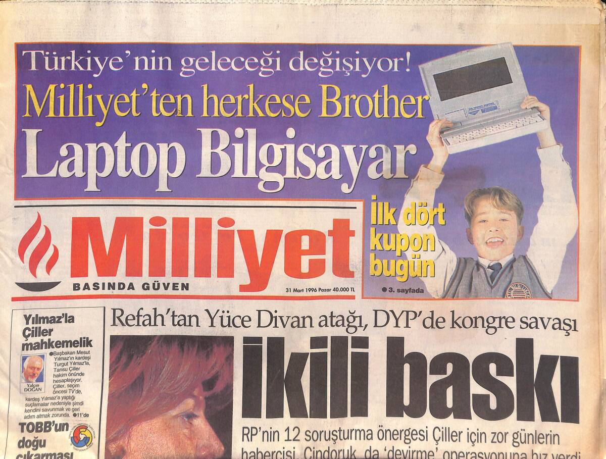 Milliyet Gazetesi 31 Mart 1996 - Hillary : ' Türklerden Korkmayın ' - Galatasaray Gülüyor - Clinton Arabulucu GZ132877 - 1