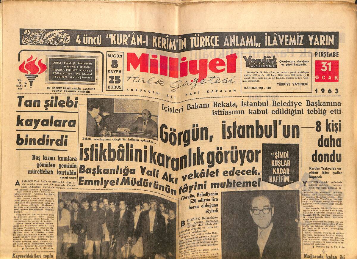 Milliyet Gazetesi 31 Ocak 1963 - De Gaulle, Fransayı Avrupa Zannediyor - Fenerbahçe Stadının İnşaatı Başlıyor - Kennedy'ler GZ140255 - 1