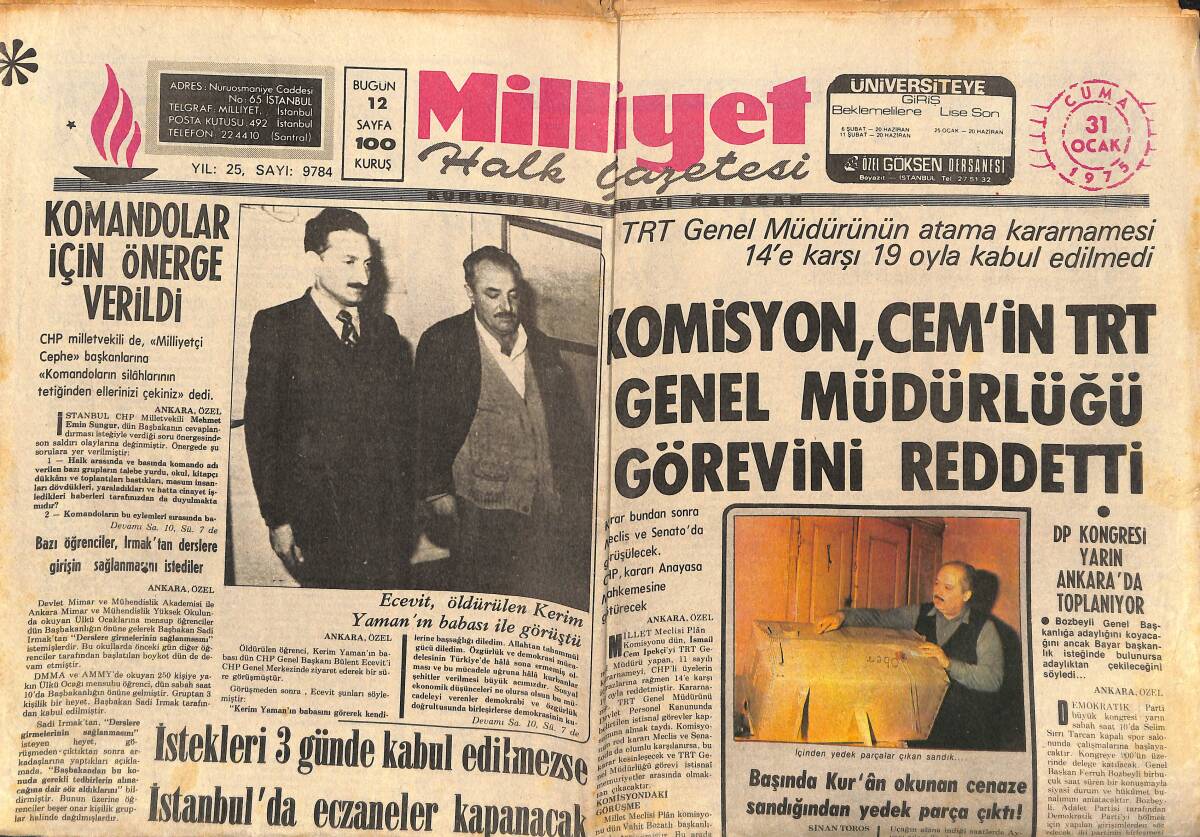 Milliyet Gazetesi 31 Ocak 1975 - İran Şahı2nın, Kanser Derneği'ne Verdiği Halı Sahibini Buldu - Türkiye'nin Jesti Türkiye'de Olumlu Karşılandı GZ149372 - 1