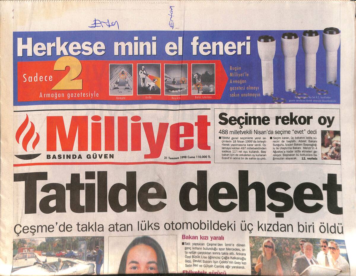Milliyet Gazetesi 31 Temmuz 1998 - Antalya'da Alkollü Tanker Sürücüsü Turistleri Ezdi GZ158315 - 1