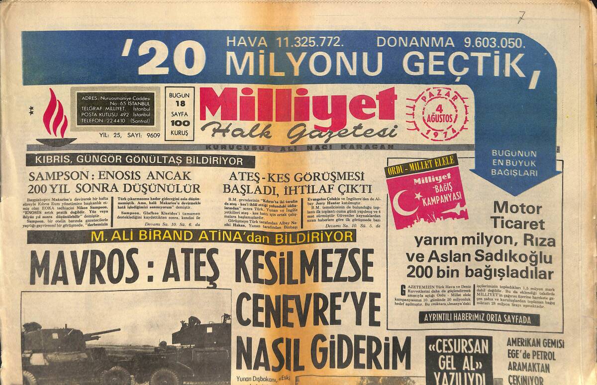 Milliyet Gazetesi 4 Ağustos 1974 - Mavros 
