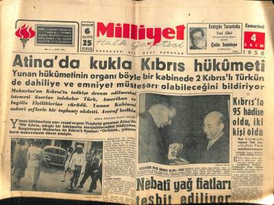 Milliyet Gazetesi 4 Ekim 1958 - Atinada Kukla Kıbrıs Hükümeti GZ59603 - 1