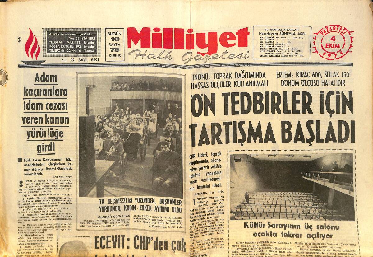 Milliyet Gazetesi 4 Ekim 1971 - Bülent Ecevit: CHP'DEN Çok Fedakarlık İstenemez - Adam Kaçıranlara İdam Cezası Veren Kanun Yürürlüğe Girdi GZ140143 - 1