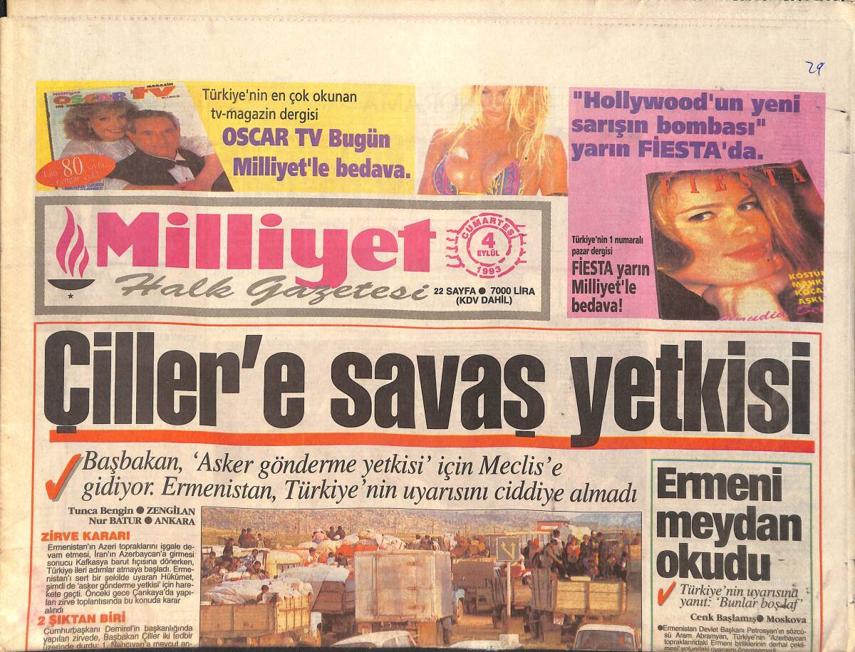 Milliyet Gazetesi 4 Eylül 1993 - Çiller'e Savaş Yetkisi - Beşiktaş Suçlusu Arıyor GZ2572 - 1