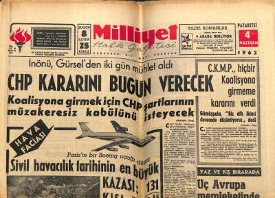 Milliyet Gazetesi 4 Haziran 1962 - Sivil Havacılık Tarihinin En Büyük Kazası131 Kişi Öldü GZ58722 - 1