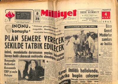 Milliyet Gazetesi 4 Mart 1963 - İnönü Plan Semere Verecek Şekilde Tatbik Edilecek GZ58850 - 1