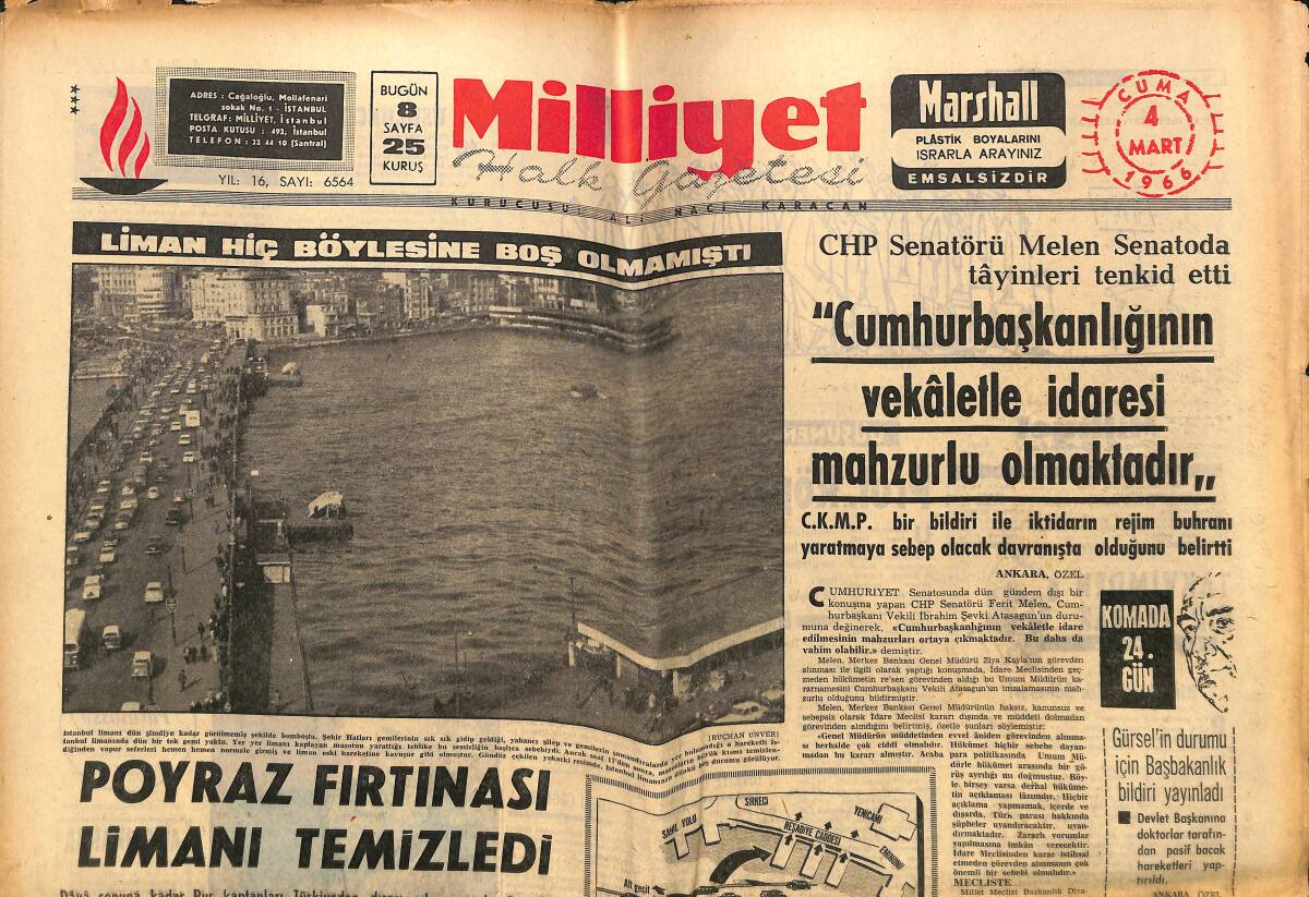 Milliyet Gazetesi 4 Mart 1966 - M. Ali Clay İzin İstiyor - Liderler Toplantısında Kıbrıs Ele Alında - Milli Takım Tahran'a 14 Mayıs'ta Gidiyor GZ140276 - 1