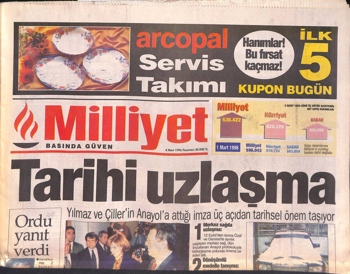Milliyet Gazetesi 4 Mart 1996 - Denktaş Korkuttu - Hannas , İsrail'de Tekrar Vurdu GZ132902 - 1