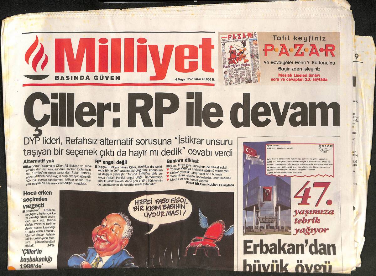 Milliyet Gazetesi 4 Mayıs 1997 - Çiller : RP İle Devam - Samanyolu'nda Antimadde GZ152445 - 1