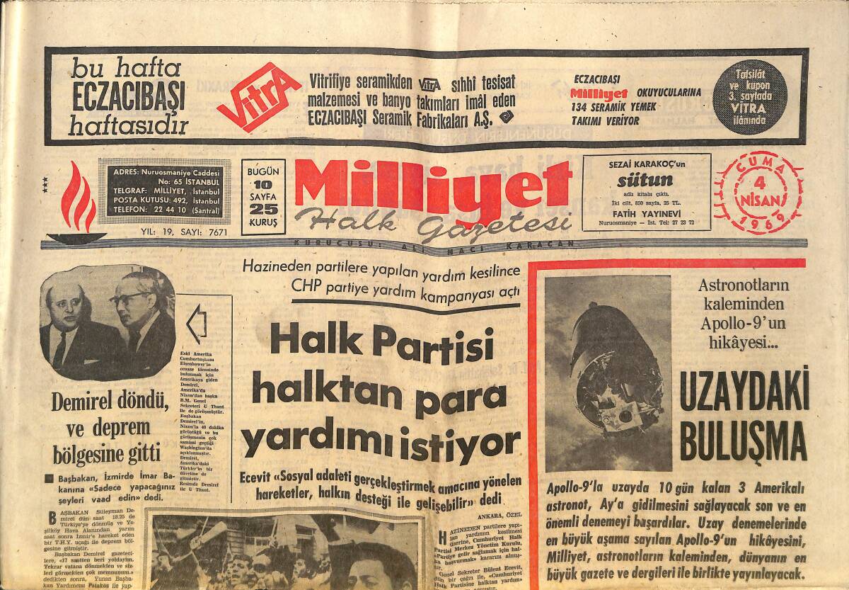 Milliyet Gazetesi 4 Nisan 1969 - Halk Partisi Halktan Para Yardımı İstiyor - Süleyman Demirel Döndü, Ve Deprem Bölgesine Gitti! GZ140137 - 1