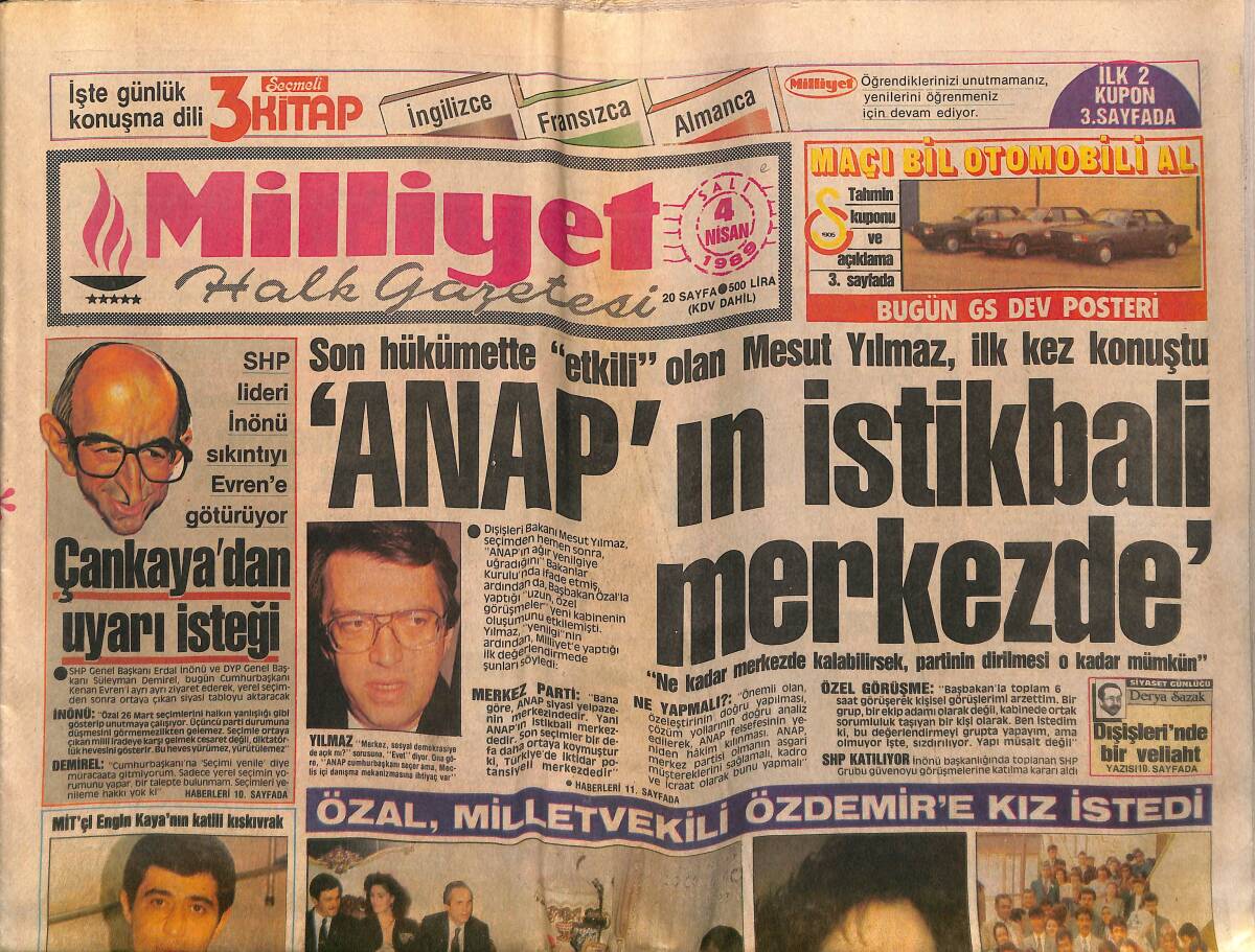 Milliyet Gazetesi 4 Nisan 1989 - Anap'ın İstikbali Merkezde - İran'la İp Kopuyor GZ149518 - 1