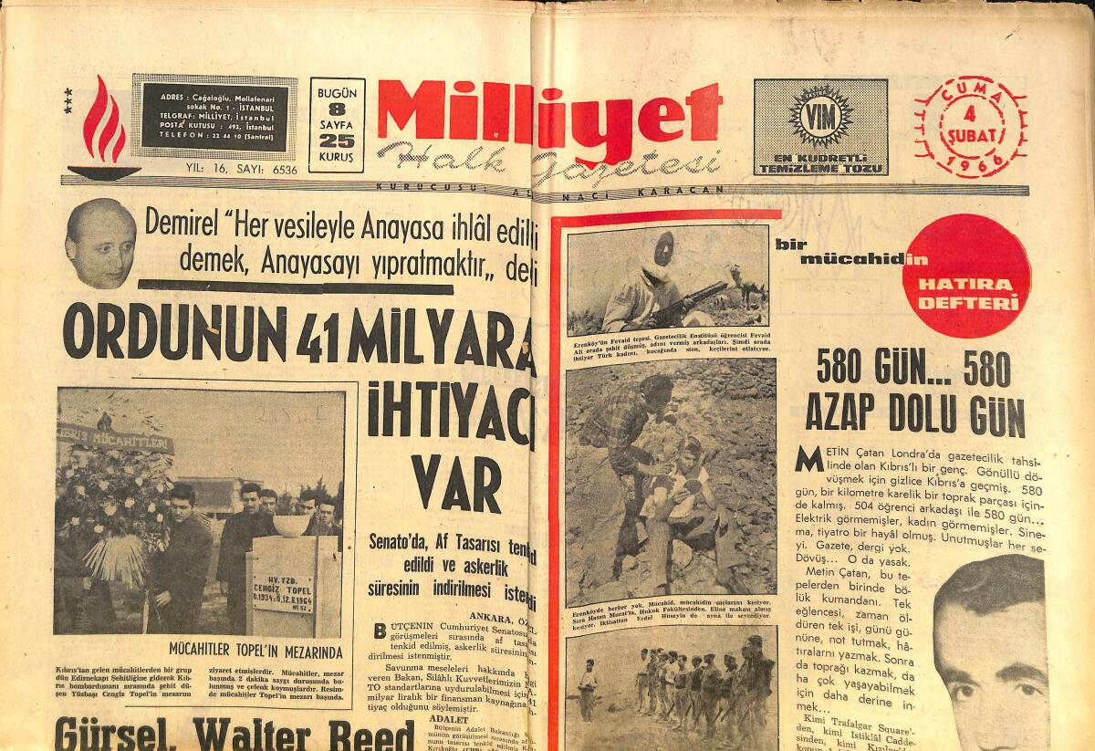 Milliyet Gazetesi 4 Şubat 1966 - Almanya'da Aşk Türk Kızını Hapse Düşürdü - Cemal Gürsel Walter Reed Hastanesine Yattı! GZ140174 - 1