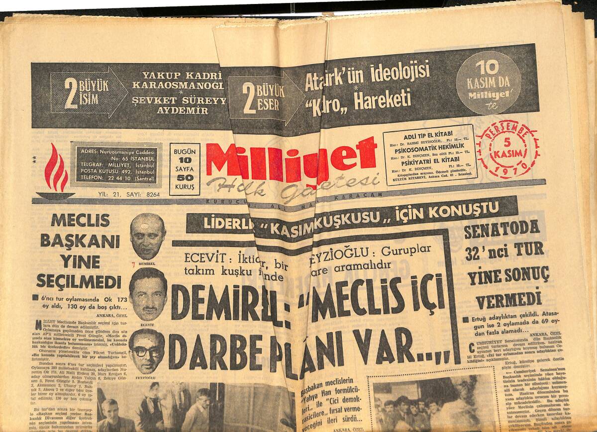 Milliyet Gazetesi 5 Kasım 1970 - Meclis Başkanı Yine Seçilmedi - Süleyman Demirel: Meclis İçi Darbe Planı Var! - GZ140339 - 1