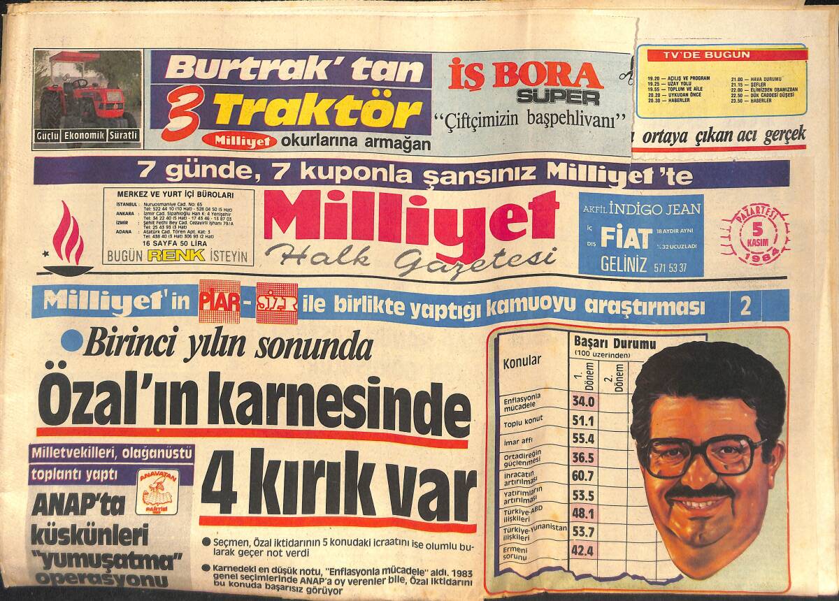Milliyet Gazetesi 5 Kasım 1984 - Özal'ın Bir Yıllık Karnesi - Hain Apo, Ameliyatla Yüz Değiştir GZ132772 - 1