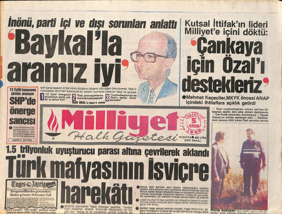 Milliyet Gazetesi 5 Kasım 1988 - İnönü: Baykal'la Aramız İyi - Evcim Mi, Elbisesi Mi Daha Güzel GZ3177 - 1