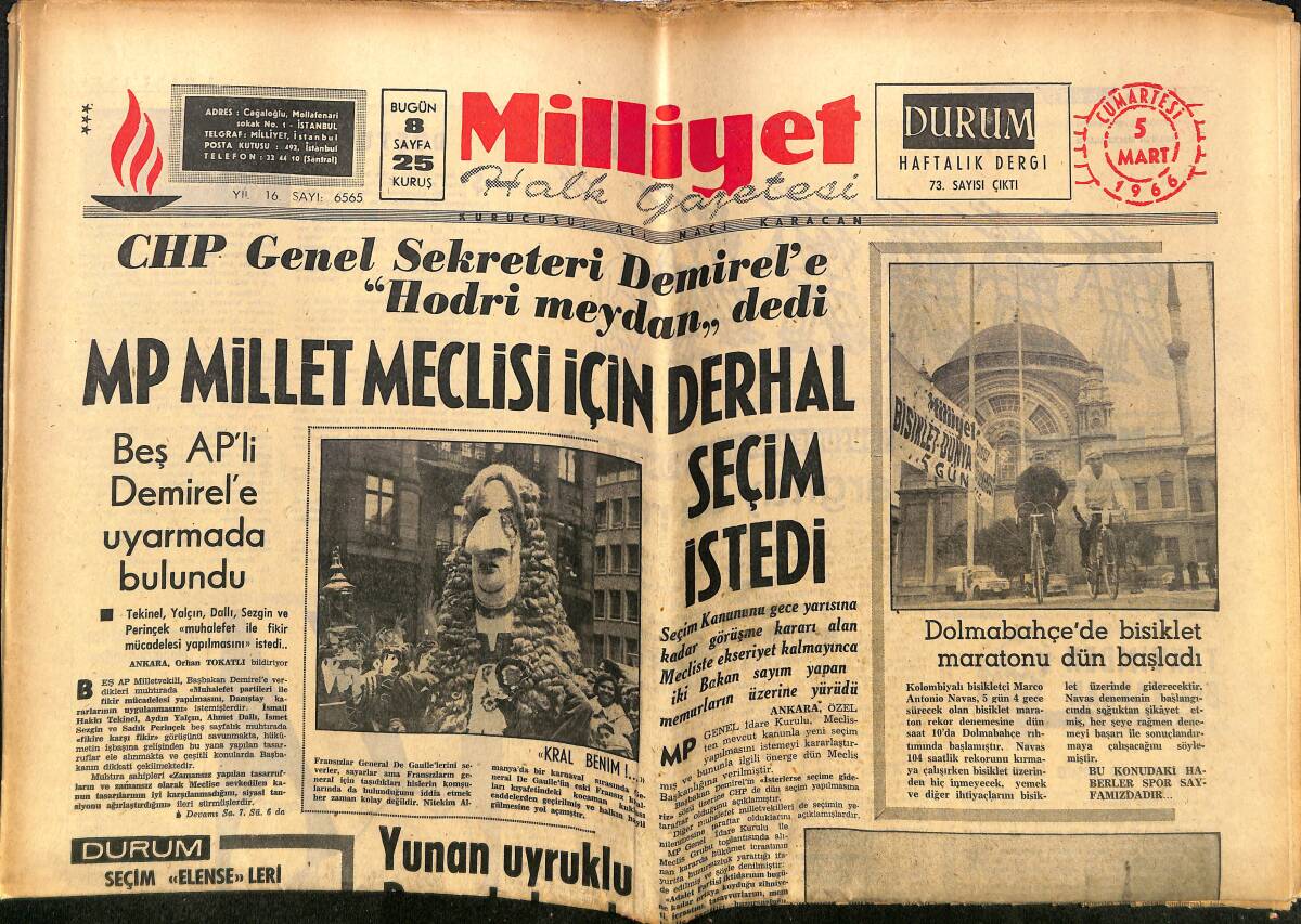 Milliyet Gazetesi 5 Mart 1966 - Dolmabahçe'de Bisiklet Maratonu - İstanbul'da Da Petrol Aranıyor - Lozan'da Barış Nasıl İmzalandı GZ140277 - 1