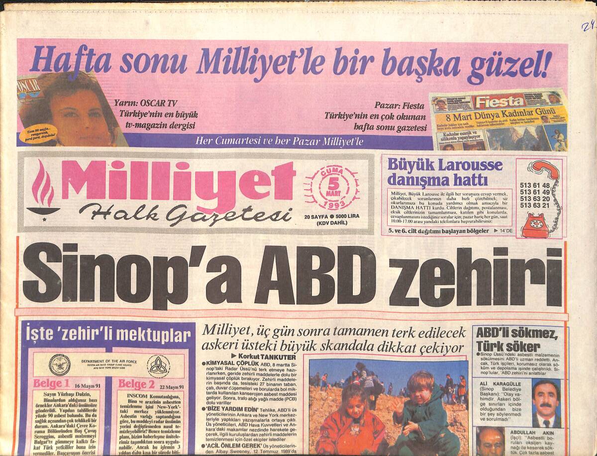 Milliyet Gazetesi 5 Mart 1993 - Sinop'a ABD Zehri - Herkes Sergen'in Peşinde GZ3777 - 1