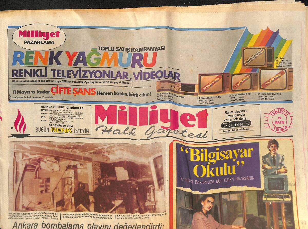 Milliyet Gazetesi 5 Mayıs 1984 - Ankara'daki Bombalama Ermeni Oyunu - Galatasaray İnönü Stadına Çıkıyor GZ133290 - 1