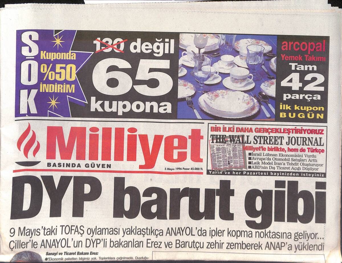 Milliyet Gazetesi 5 Mayıs 1996 - DYP Barut Gibi - Körfez , Galatasaray'ı da Çarptı - El-Ahram'dan Bomba İddia GZ132856 - 1