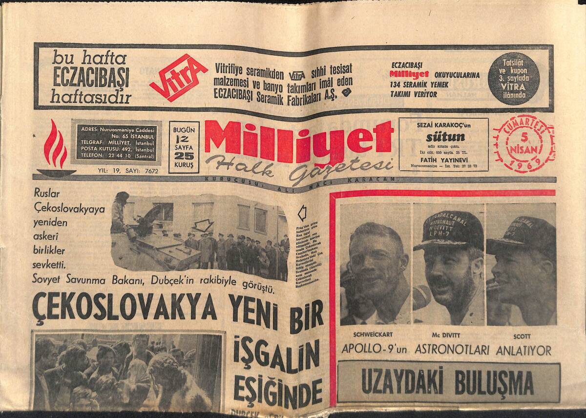 Milliyet Gazetesi 5 Nisan 1969 - Çekoslovya Yeni Bir İşgalin Eşiğinde - Ligde İstanbul'un Şerefini Korumak Galatasaraya Düşüyor GZ149540 - 1