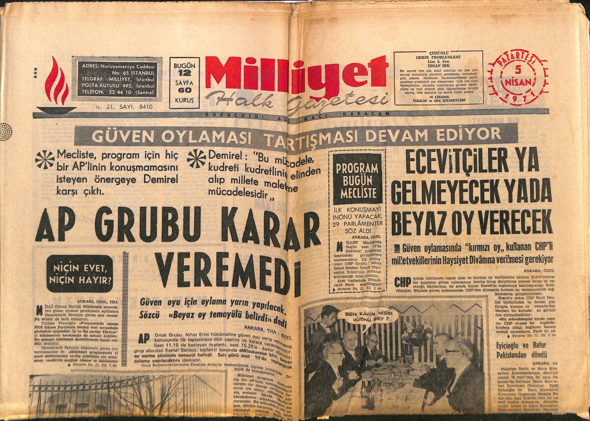 Milliyet Gazetesi 5 Nisan 1971 - Galatasaray Kendine Geldi - Fenerbahçe Liderden Koptu - Ecevitçiler Ya Gelmeyecek Ya Beyaz Oy Verecek GZ140079 - 1