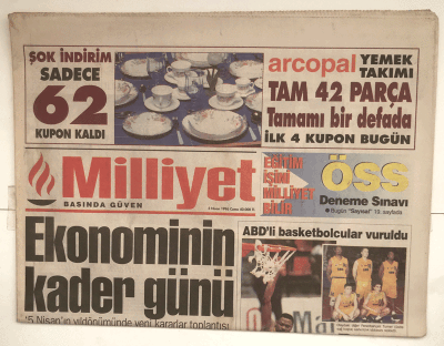 Milliyet Gazetesi 5 Nisan 1996 - Bir Gram Altın 900 Bin , Bir Gram İlaç 9 Milyar TL GZ5161 - 1