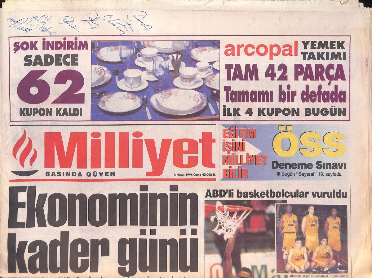 Milliyet Gazetesi 5 Nisan 1996 - Galatasaray'da İndirim - Fenerbahçe'de Aykut Yedek - İran'dan Heyet GZ132837 - 1