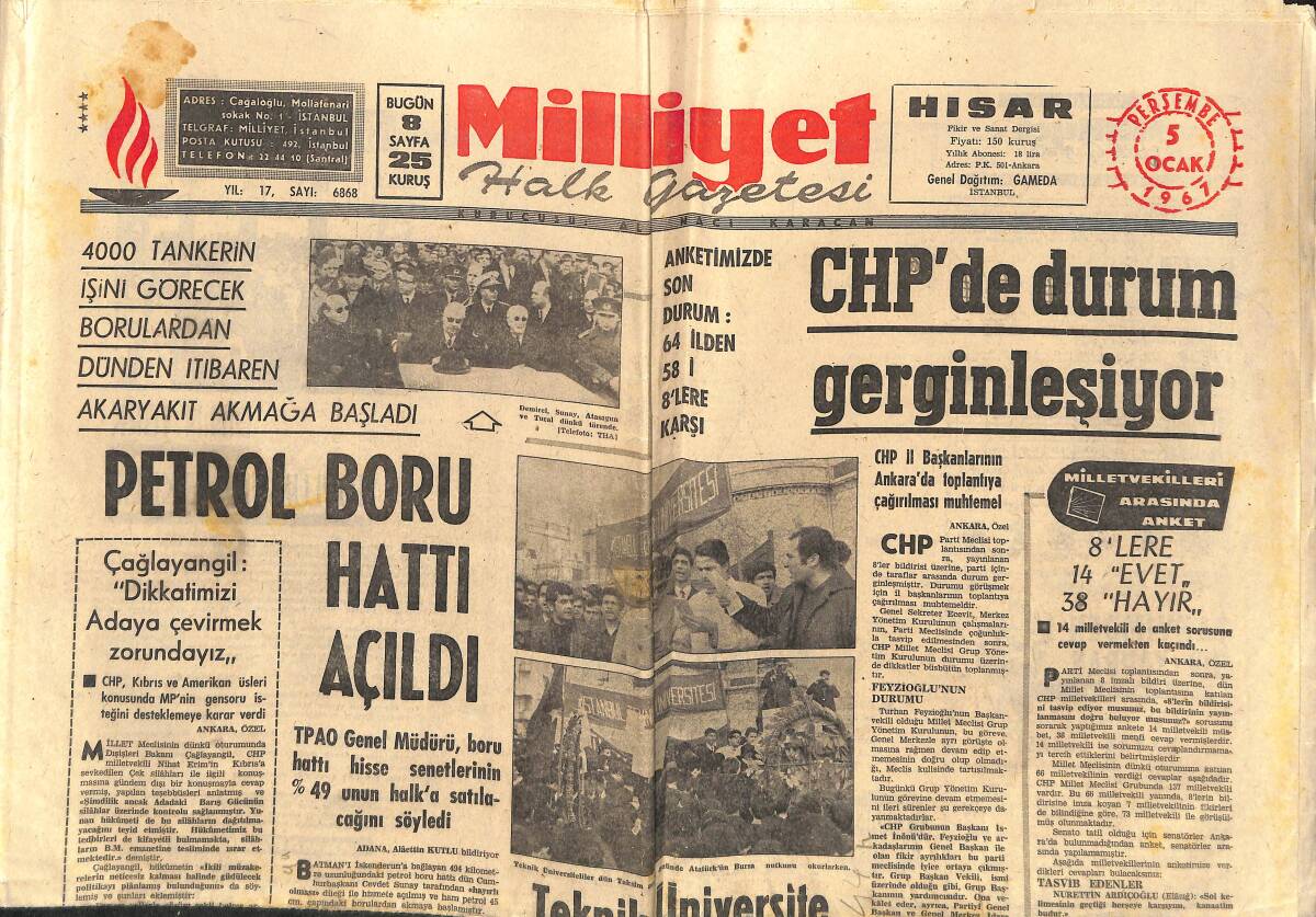 Milliyet Gazetesi 5 Ocak 1961 - Petrol Boru Hattı Açıldı - Makarios, Çek Silahlarını Türk Ordusuna Karşı Kullanacağız Dedi - Dansöz Türkan GZ141427 - 1