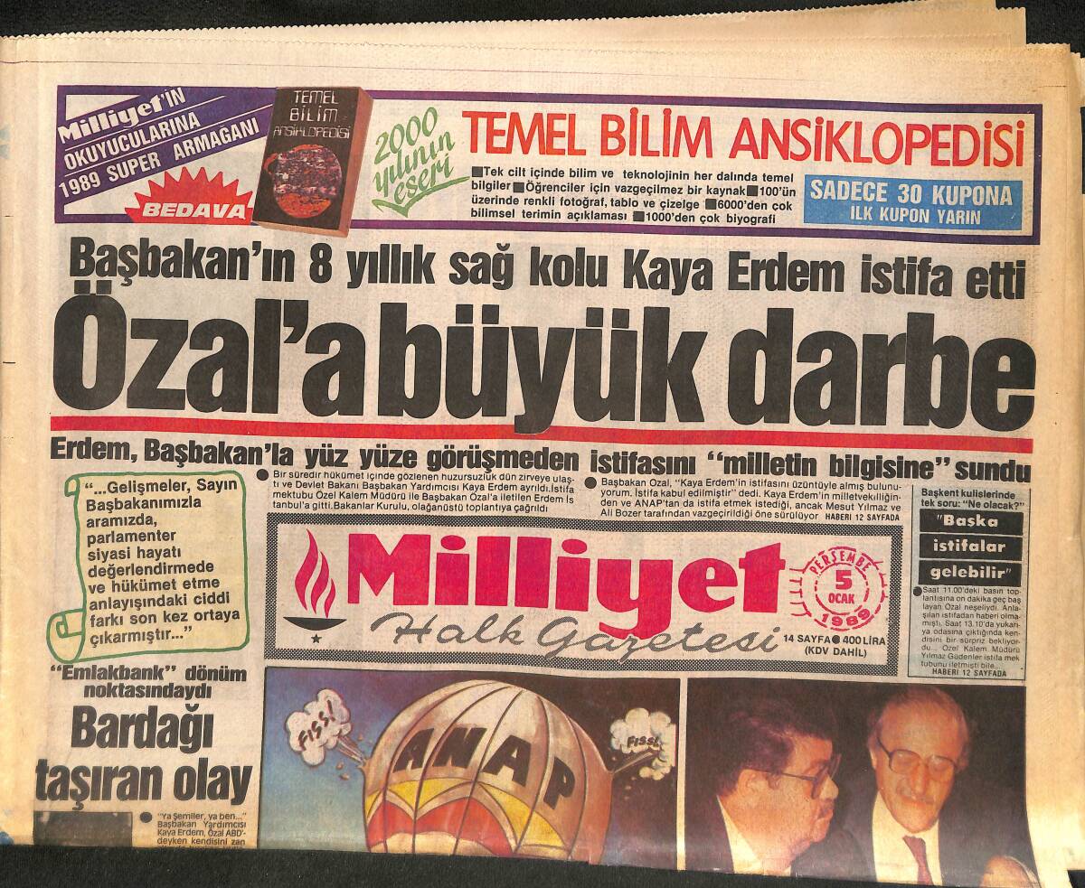Milliyet Gazetesi 5 Ocak 1989 - Özal'a Büyük Darbe - Kaddafi'ye Sıcak Gözdağı - Sarıyer'in Hedefi Avrupa Kupaları GZ134025 - 1