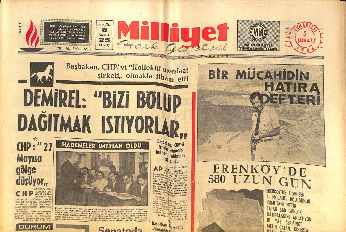 Milliyet Gazetesi 5 Şubat 1966 - Süleyman Demirel: Bizi Bölüp Dağıtmak İstiyorlar! - Kadınlar Çeşmesi Cinayetinin Katili Levent'te Tutuldu! GZ140175 - 1