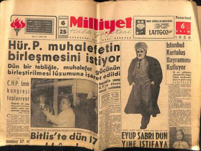 Milliyet Gazetesi 6 Ekim 1958 - Hür. Parti Muhalefetin Birleşmesini İstiyor GZ59601 - 1
