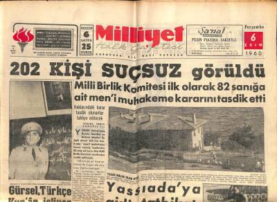 Milliyet Gazetesi - 6 Ekim 1960 - 202 Kişi Suçsuz Görüldü, Gürsel Türkçe Kuran İstiyor GZ110895 - 1