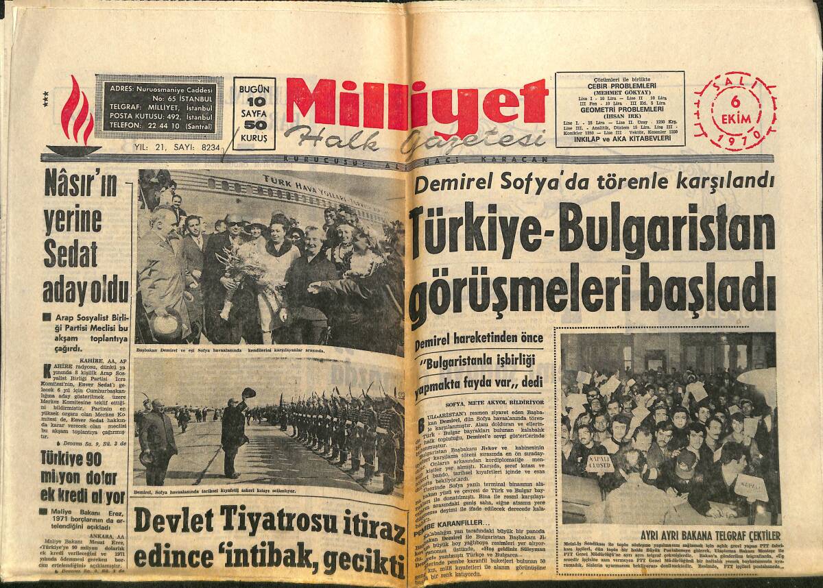 Milliyet Gazetesi 6 Ekim 1970 - Türkiye-Bulgaristan Görüşmeleri Başladı - AP Senato Seçimini Yeni Sistemde Yapmak İstiyor! GZ140168 - 1