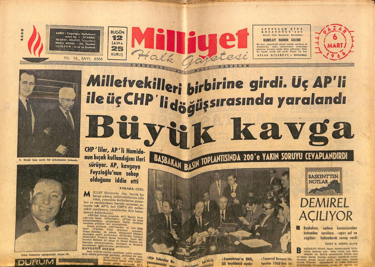 Milliyet Gazetesi 6 Mart 1966 - Büyük Kavga, Milletvekilleri Birbirine Girdi Üç AP'li İle Üç CHP'li Dövüş Sırasında Yaralandı GZ140278 - 1