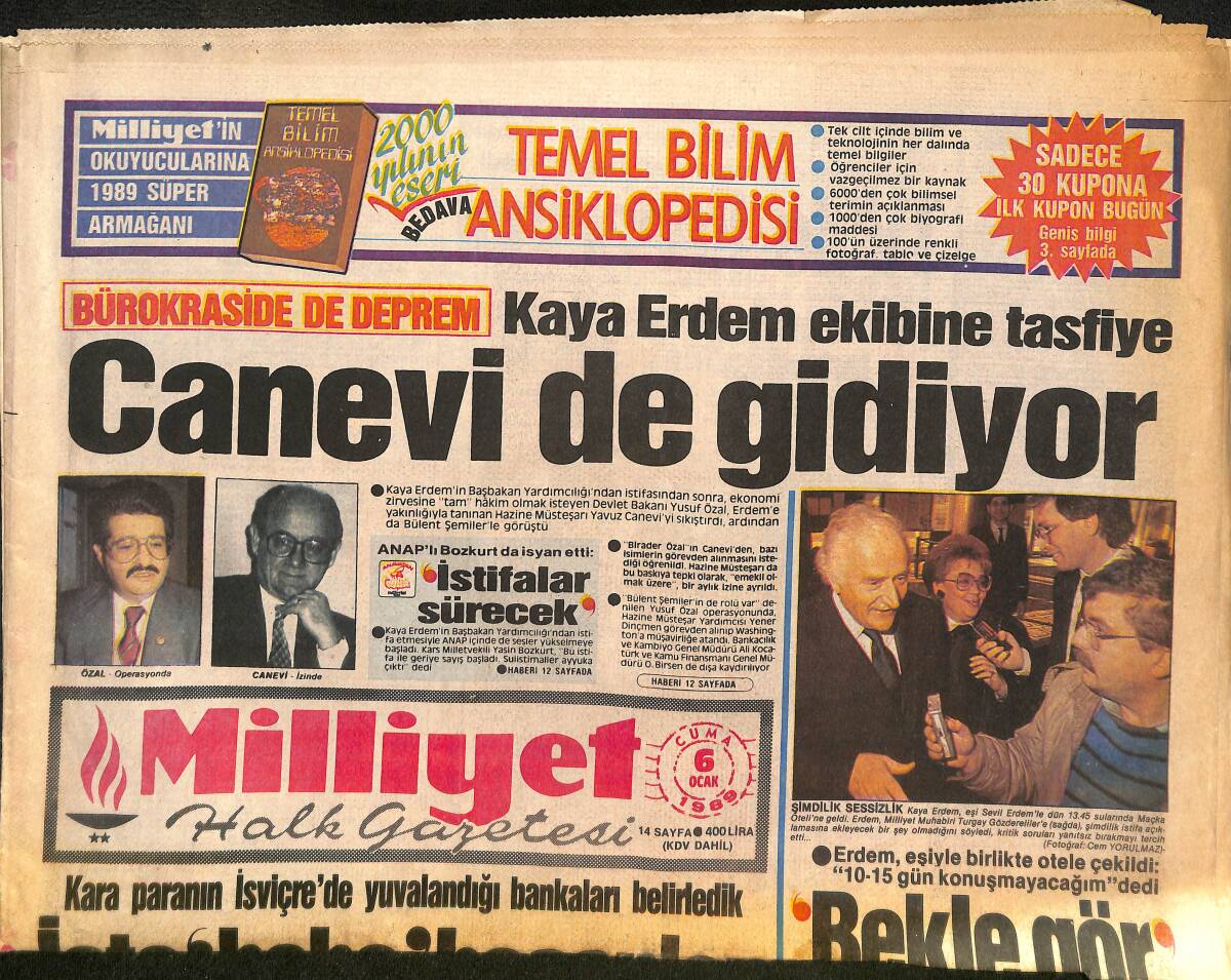 Milliyet Gazetesi 6 Ocak 1989 - Demokraside Deprem - Sporda Bakan Torpili - Tanrıyar; Favorim Galatasaray GZ134024 - 1