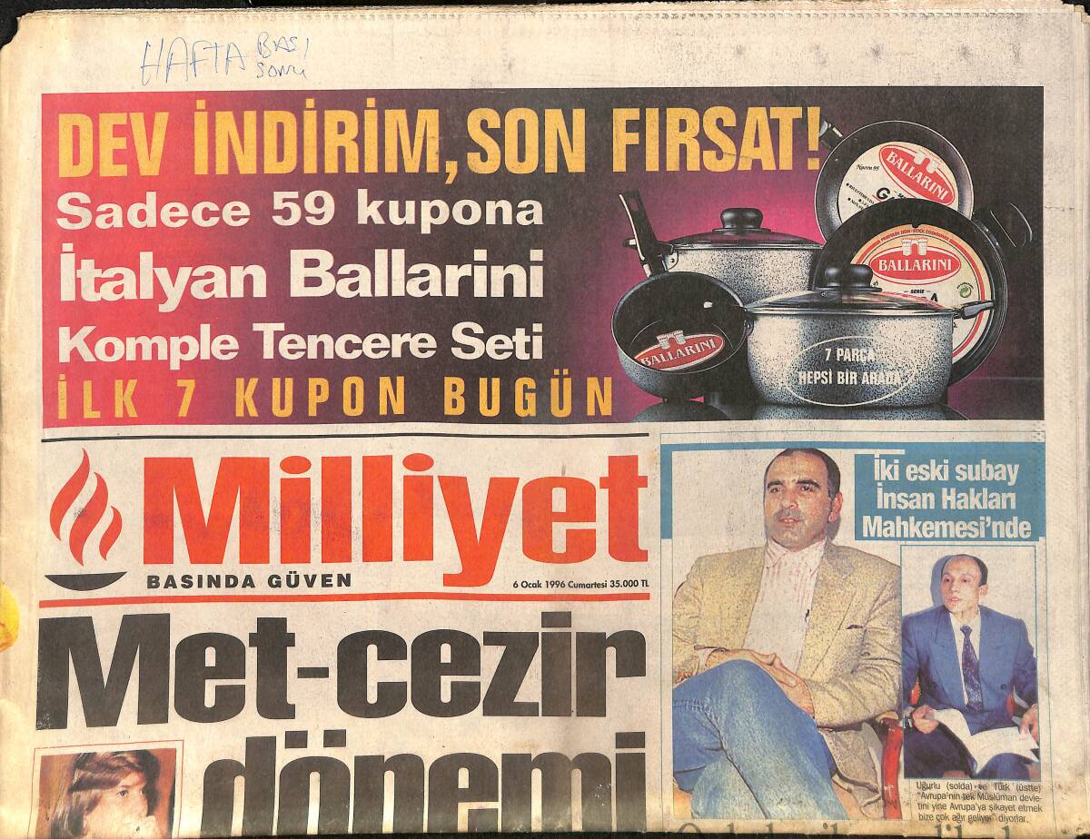 Milliyet Gazetesi 6 Ocak 1996 - Rüştü'nün Rüyası - Çiller'e Göre Ekonomi İyi GZ3206 - 1