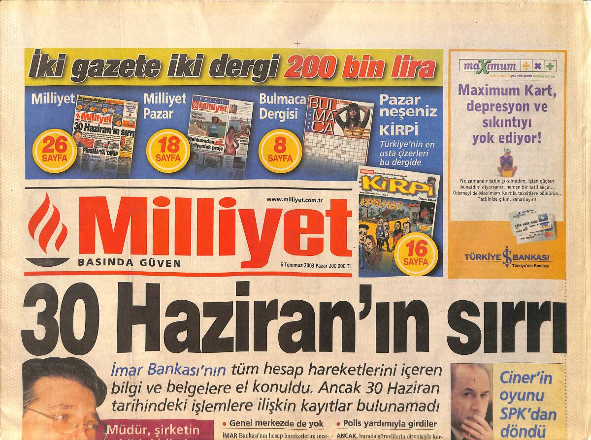 Milliyet Gazetesi 6 Temmuz 2003 - Cola Turka Reklam - Fatih Terim'e Check-Up GZ159166 - 1